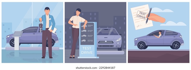 Test drive car set of three square compositions with automobile showroom and characters of dealers drivers vector illustration