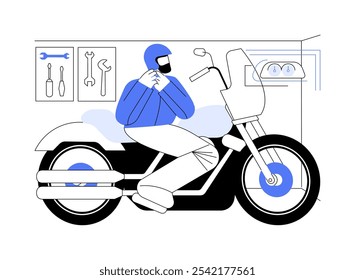 Prueba de Ilustraciones vectoriales de dibujos animados aislados. Hombre en casco preparándose para montar una nueva moto, adicción a la motocicleta, preparación para la prueba de manejo, dibujos animados de Vector mecánico profesional.