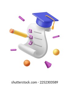 Test Education. Examination list with check marks and graduation cap. Questionnaire page, pencil. Education concept 3d Vector