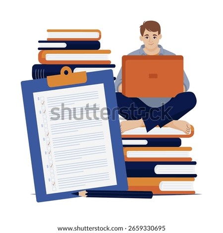 Test. Exam. Distance education. Vector illustration of a student sitting cross-legged on a stack of books and using a laptop. The image conveys focus and concentration, with a notepad and a checklist 