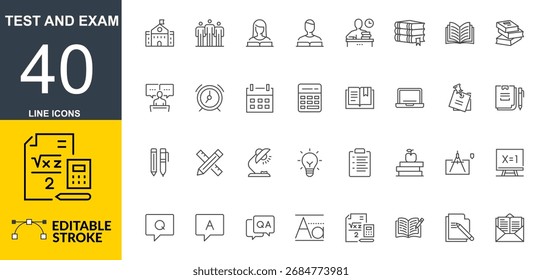 Iconos de la línea de prueba y examen: conjunto de Vectores de trazo editables. Examen, Prueba, Prueba, Evaluación, Escuela, Libro, Educación, Matemáticas, Resultado Académico, Lista de Verificación, Opción Múltiple, Esquema de Examen Escrito Icon Pack