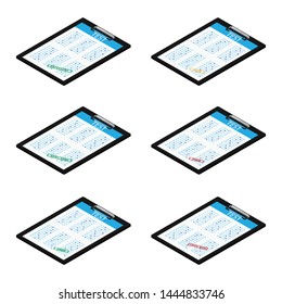 Test, exam paper on clipboard vector icon set isometric view. Exam, or survey concept icon. School test. School exam.