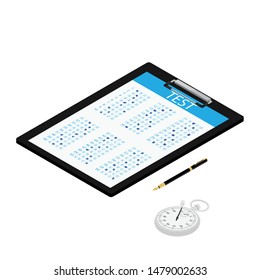 Test, exam paper on clipboard, stopwatch and pen isometric view. Exam, or survey concept icon. School test. School exam.