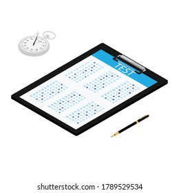 Prueba, papel de examen en el portapapeles, cronómetro y vista isométrica de la pluma. Icono de concepto de examen o encuesta. Prueba escolar. Examen escolar.