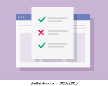 Test exam result form online with check marks digital choices vector flat cartoon, electronic questionnaire survey page on internet web service, education learning of study idea