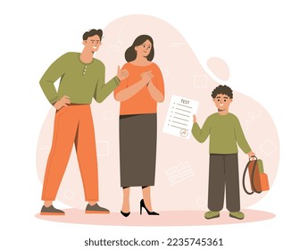 Test exam result. Little boy shows his appreciation to his parents. Education and training, schoolboy with document or certificate. Poster or banner for website. Cartoon flat vector illustration