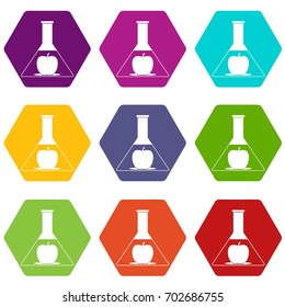 Test flask with apple icon set many color hexahedron isolated on white vector illustration