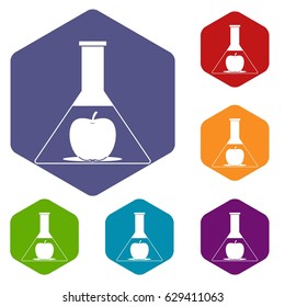 Test flask with apple icons set hexagon isolated vector illustration