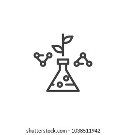 Test flask with leaf and molecule outline icon. linear style sign for mobile concept and web design. Herbal pharmacy simple line vector icon. Symbol, logo illustration