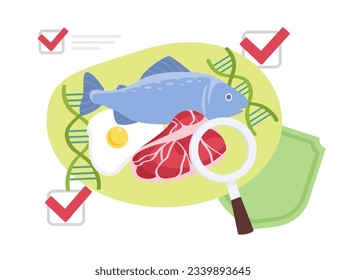 Test of food concept. Analysis of red meat, scrambled eggs and fish. Protein product, natural and organic food. Proper nutrition and balanced diet. Cartoon flat vector illustration