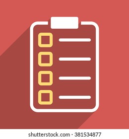 Test Form long shadow vector icon. Style is a flat light symbol on a red square background.