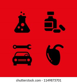 test icon. 4 test set with biology, flask, mechanic and pharmaceutical vector icons for web and mobile app