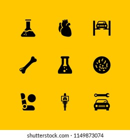 test icon. 9 test set with blood, mechanic, lung and laboratory vector icons for web and mobile app