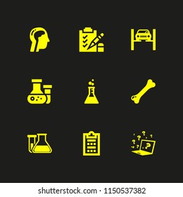 test icon. 9 test set with mechanic, survey, exam and flask vector icons for web and mobile app
