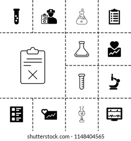 Test icon. collection of 13 test filled and outline icons such as heartbeat, doctor prescription, checklist, cardiogram, microscope. editable test icons for web and mobile.