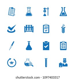 Test icon. collection of 16 test filled icons such as clipboard, pipette, heartbeat, checklist, tick. editable test icons for web and mobile.