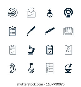 Test icon. collection of 16 test filled and outline icons such as pipette, mri, clipboard, microscope, checklist. editable test icons for web and mobile.