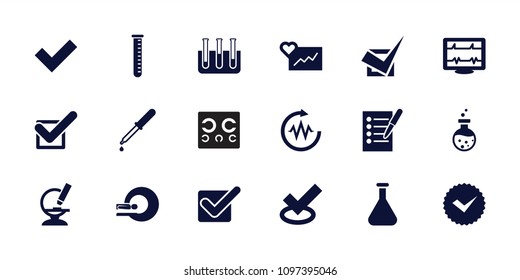 Test icon. collection of 18 test filled icons such as tick, heartbeat, pipette, microscope, cardiogram, mri. editable test icons for web and mobile.