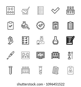 Test icon. collection of 25 test outline icons such as clipboard, tick, checklist, heartbeat, pipette, check list. editable test icons for web and mobile.