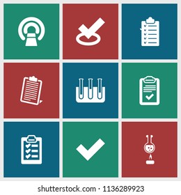Test icon. collection of 9 test filled icons such as tick, mri, clipboard. editable test icons for web and mobile.