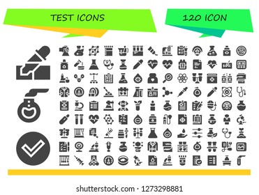  test icon set. 120 filled test icons. Simple modern icons about  - Pipette, Check, Florence flask, Flask, Cells, Urine, Beaker, Test tube, Tube, Microscope, Science, Scientist