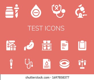 test icon set. 14 filled test icons.  Simple modern icons such as: Pipette, Blood, Stethoscope, Microscope, Dropper, List, Stomach, Blood test, Chemical, Petri dish, Exam, tube