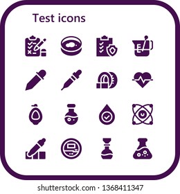 test icon set. 16 filled test icons.  Simple modern icons about  - Test, Petri dish, Clipboard, Beaker, Eyedropper, Pipette, Tomography, Cardiogram, Urinal, Science, Blood, Molecules