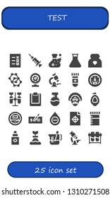 test icon set. 25 filled test icons.  Simple modern icons about  - List, Blood, Flask, Pregnancy, Molecule, Meter, Microscope, Blood test, Tachometer, Chemistry, Clipboard, Scientist
