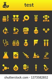 test icon set. 26 filled test icons.  Simple modern icons about  - Pipette, Flask, Test tubes, Research, Blood Mad scientist, Microscope, Cardiogram, Molecule, Stethoscope