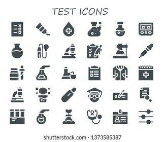 test icon set. 30 filled test icons.  Collection Of - List, Tube, Blood, Flask, Science, Speedometer, Pipette, Microscope, Clipboard, Checklist, Lab coat, Chemical reaction, Pregnancy test