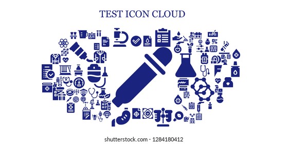  test icon set. 93 filled test icons. Simple modern icons about  - Eye dropper, Check, Measuring cup, Microscope, Blood test, Checklist, Molecules, tube, Printing test, Stomach