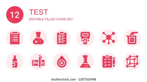 test icon set. Collection of 12 filled test icons included Diagnosis, Flask, Clipboard, Hemoglobin, Molecule, Ampoule, Check, Blood, Check list, Beaker, Molecules