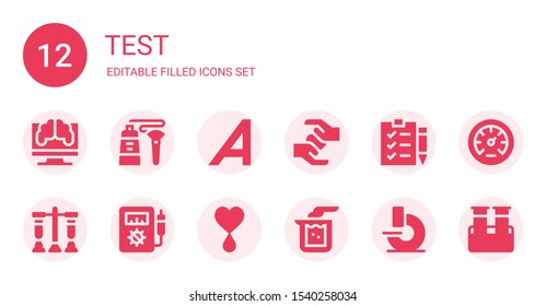 test icon set. Collection of 12 filled test icons included Research, Tube, Adrive, Blood, Check list, Test, Voltmeter, Beaker, Microscope, Pressure, Blood sample