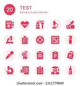 test icon set. Collection of 20 filled test icons included Voltmeter, Heartbeat, Tube, Microscope, Pipette, Clipboard, Controls, Evaluation, Test tube, Dropper, Idrive, List, Student