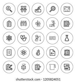 Test icon set. collection of 25 outline test icons with biologist, clipboard, blood, cardiogram, check mark, checklist, exam, flask, medical history icons. editable icons.