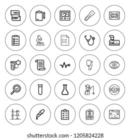 Test icon set. collection of 25 outline test icons with biology, clipboard, blood sample, cardiogram, check mark, checklist, flask, medical history icons. editable icons.