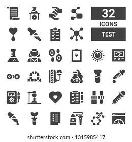 test icon set. Collection of 32 filled test icons included Page speed, Molecule, Tube, Tasks, Test tube, Dropper, List, Pregnancy, Flask, Voltmeter, Pressure, Contact lens, Control