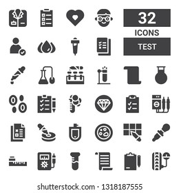 test icon set. Collection of 32 filled test icons included Pressure, Clipboard, List, Test tube, Voltmeter, Meter, Dropper, Pipette, Petri dish, Urinal, Checklist, Quality, Check list