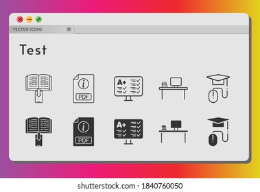 test icon set. included ebook, pdf, desktop, test, elearning icons on white background. linear, filled styles.