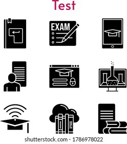 test icon set. included exam, chemistry, cloud, study, cap, enter, login icons. filled styles.