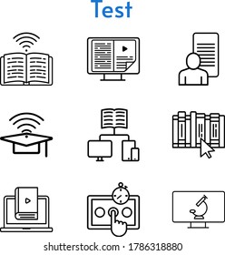 test icon set. included study, ebook, cap, test, learn, book, microscope icons. linear styles.