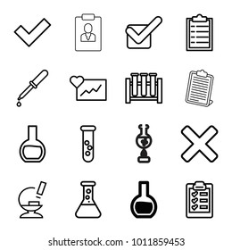 Test icons. set of 16 editable outline test icons such as test tube, checklist, cardiogram, pipette, microscope, tick, clipboard