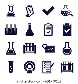 test icons set. Set of 16 test filled icons such as clipboard, MRI, check list, checklist, tick