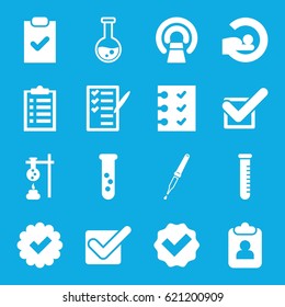 Test icons set. set of 16 test filled icons such as MRI, check list, pipette, test tube, checklist, tick