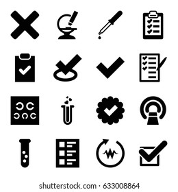 Test icons set. set of 16 test filled icons such as pipette, MRI, check list, microscope, checklist, tick, clipboard, cross