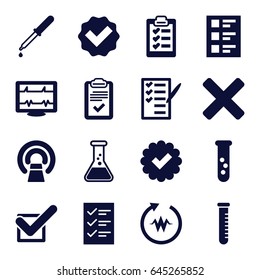 Test icons set. set of 16 test filled icons such as heartbeat, pipette, mri, check list, clipboard, test tube, checklist, tick