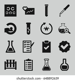 Test icons set. set of 16 test filled icons such as pipette, mri, check list, checklist, heartbeat, tick