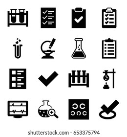 Test icons set. set of 16 test filled icons such as heartbeat, microscope, checklist, clipboard