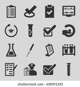 Test icons set. set of 16 test filled icons such as clipboard, heartbeat, test tube, mri, check list, pipette, doctor prescription, tick