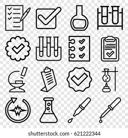 Test icons set. set of 16 test outline icons such as clipboard, test tube, pipette, check list, microscope, checklist, tick